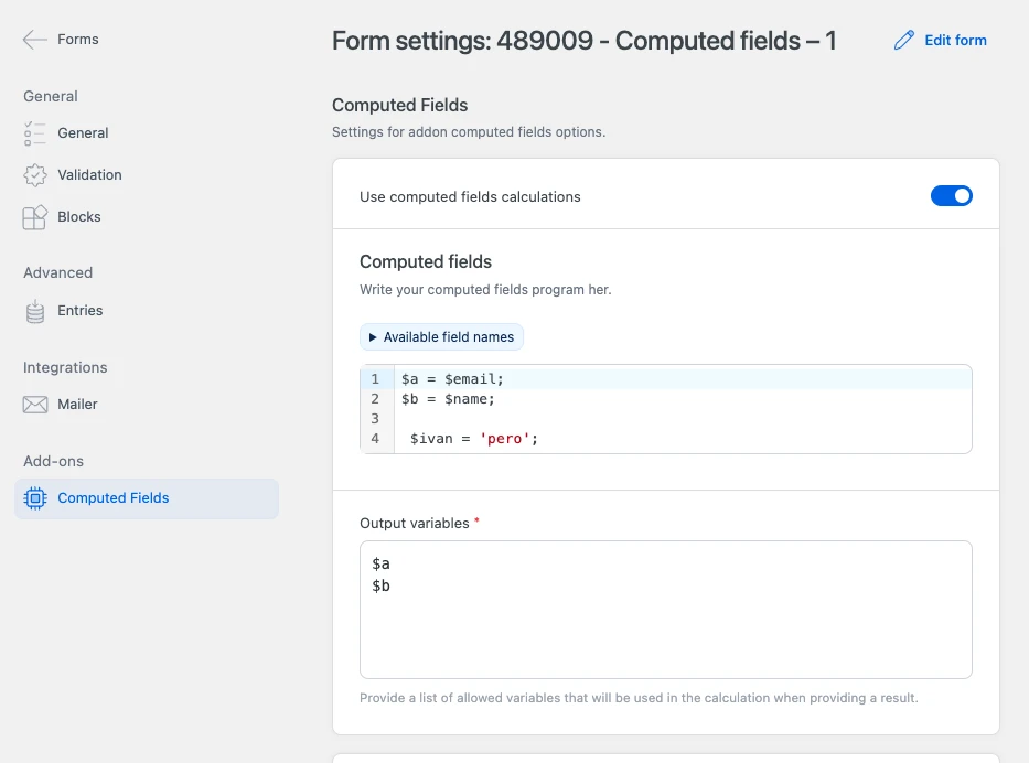 Computed Fields screen