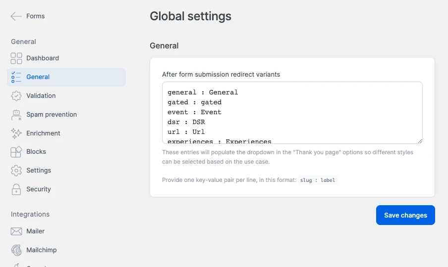 Global settings screen